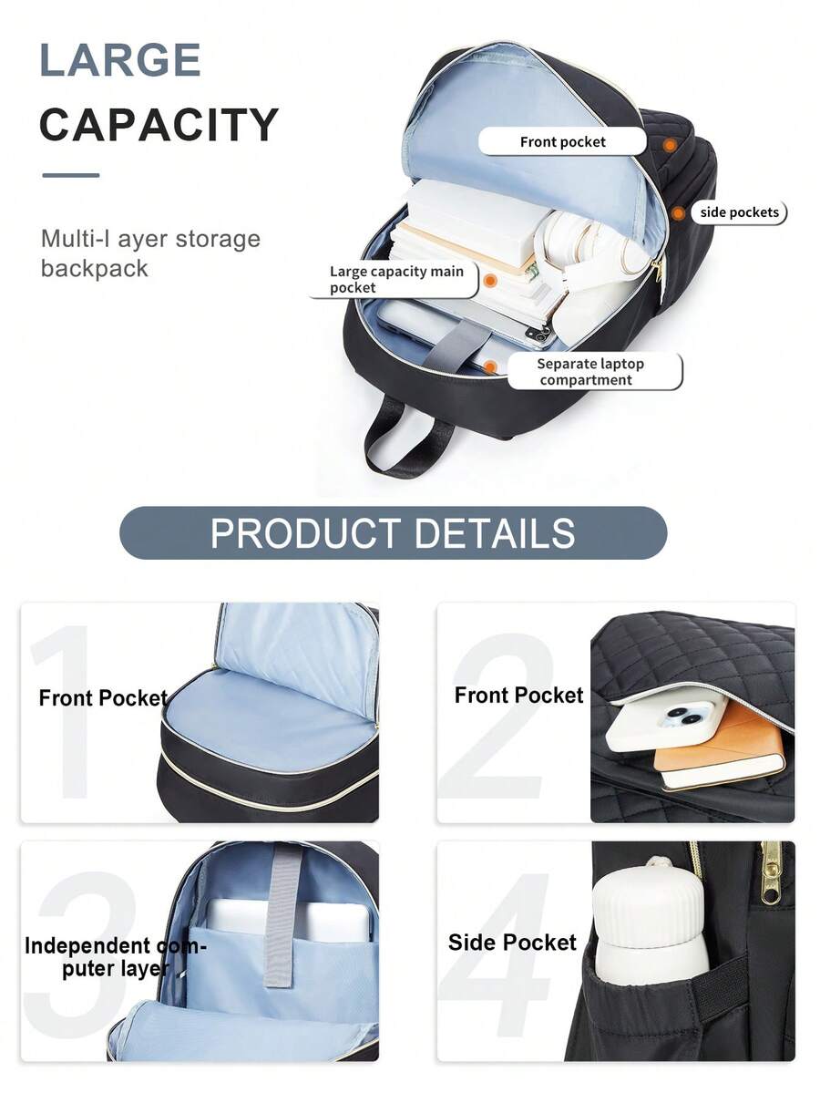 Women's Floless Quilted Laptop Backpack 14 15.6 Inch School Bag With USB Charging Port Fashion Work Travel Daypack Waterproof Casual