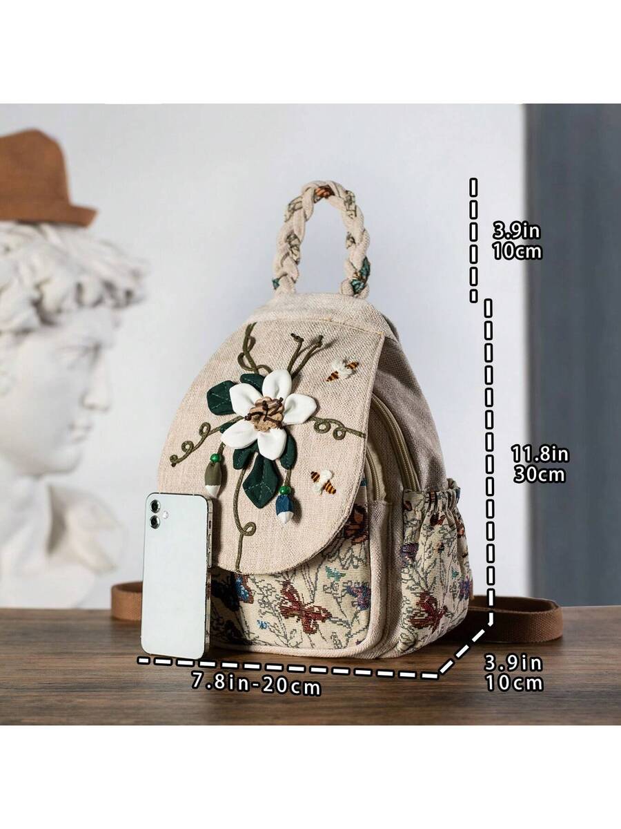 Handmade Bohemian Floral Backpack Crossbody Bag Dual Purpose Casual Daypack With Multiple Compartments Vintage Travel Shoulder Bag