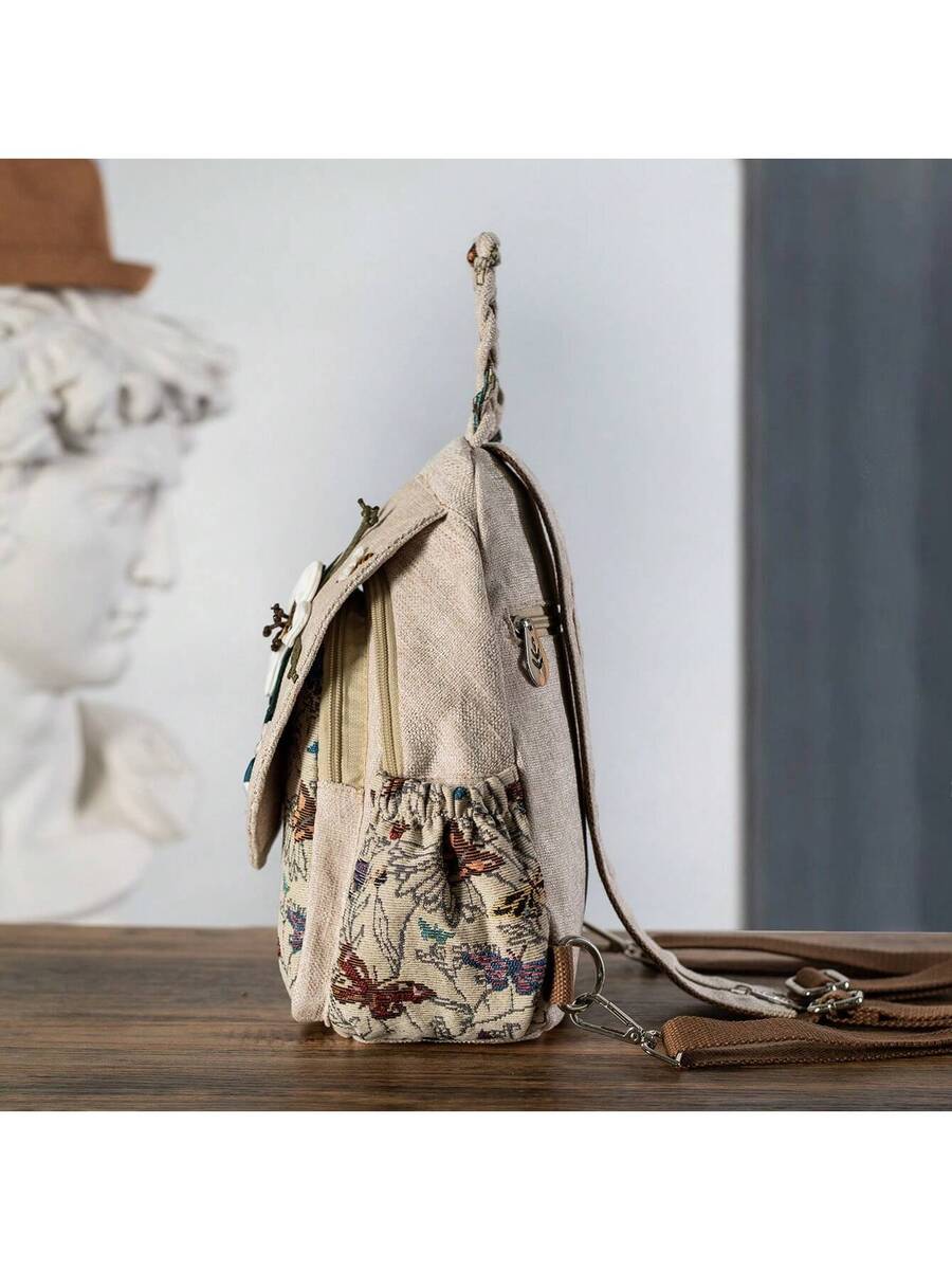 Handmade Bohemian Floral Backpack Crossbody Bag Dual Purpose Casual Daypack With Multiple Compartments Vintage Travel Shoulder Bag