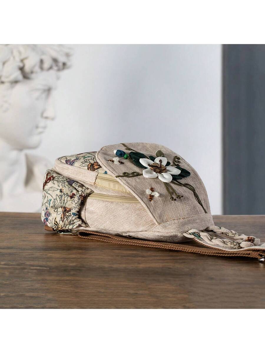 Handmade Bohemian Floral Backpack Crossbody Bag Dual Purpose Casual Daypack With Multiple Compartments Vintage Travel Shoulder Bag