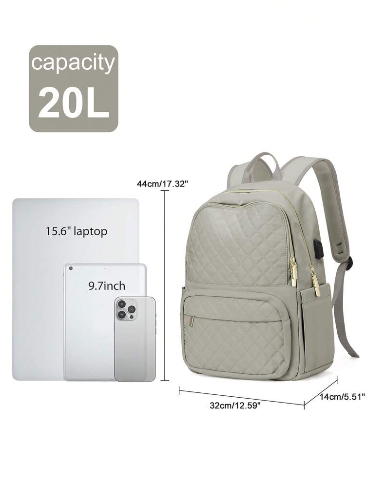 Women's Floless Quilted Laptop Backpack 14 15.6 Inch School Bag With USB Charging Port Fashion Work Travel Daypack Waterproof Casual