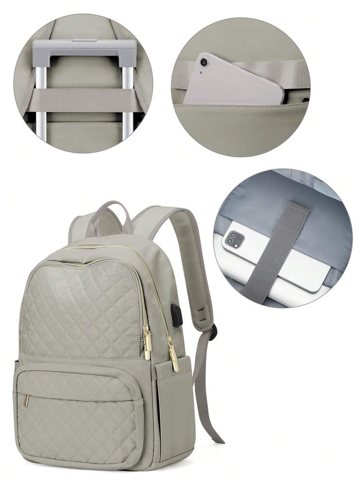 Women's Floless Quilted Laptop Backpack 14 15.6 Inch School Bag With USB Charging Port Fashion Work Travel Daypack Waterproof Casual