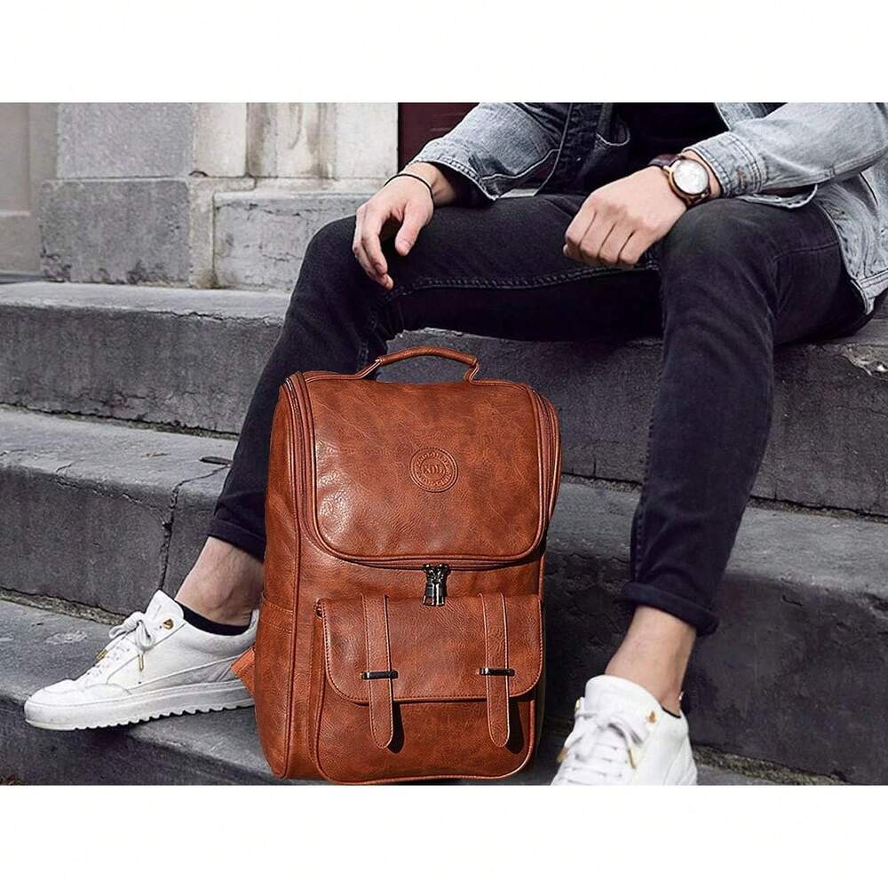 Vegan Leather Slim Vintage Laptop Backpack Men Women Brown Travel Bag College School Daypack Casual Resistant Commuter Bookbag