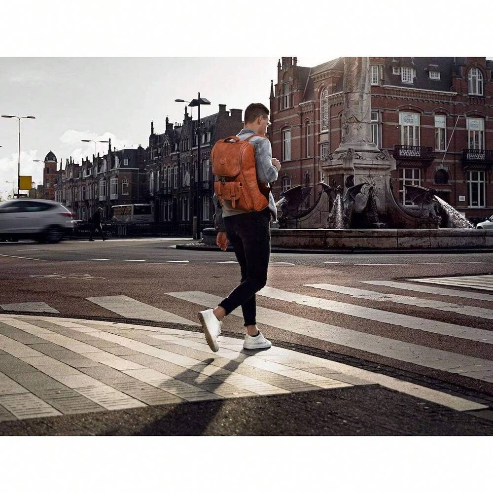 Vegan Leather Slim Vintage Laptop Backpack Men Women Brown Travel Bag College School Daypack Casual Resistant Commuter Bookbag