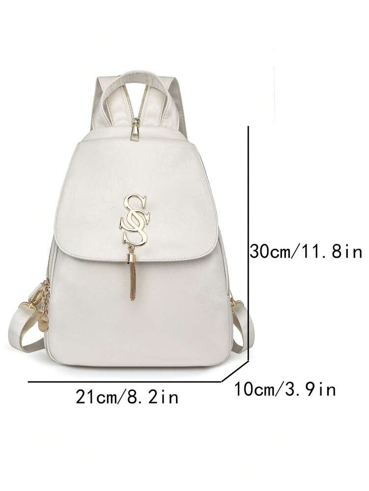 Women's Glossy Leather Backpack With Metal Tassel Decoration Large Capacity Student Schoolbag Fashion Commuter Bag Travel Shopping Casual