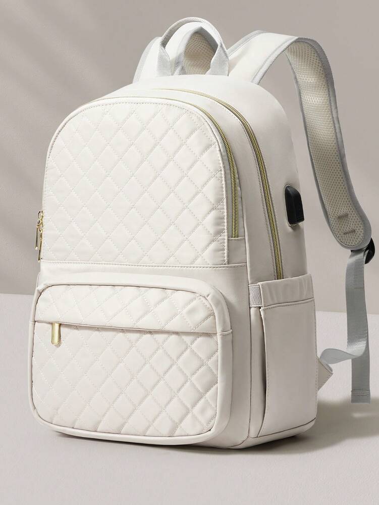 Women's Floless Quilted Laptop Backpack 14 15.6 Inch School Bag With USB Charging Port Fashion Work Travel Daypack Waterproof Casual