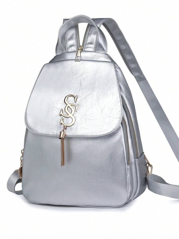 Women's Glossy Leather Backpack With Metal Tassel Decoration Large Capacity Student Schoolbag Fashion Commuter Bag Travel Shopping Casual
