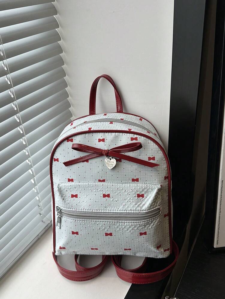 Women's Bow Pattern Nylon Backpack Sweet Lady Style Versatile Multi Purpose Daypack Casual Travel Shopping Minimalist Lightweight Bag