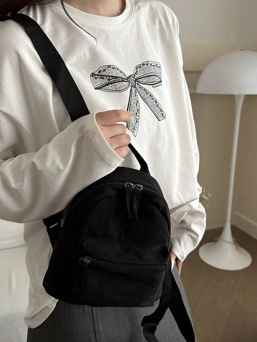 Women's Bow Pattern Nylon Backpack Sweet Lady Style Versatile Multi Purpose Daypack Casual Travel Shopping Minimalist Lightweight Bag