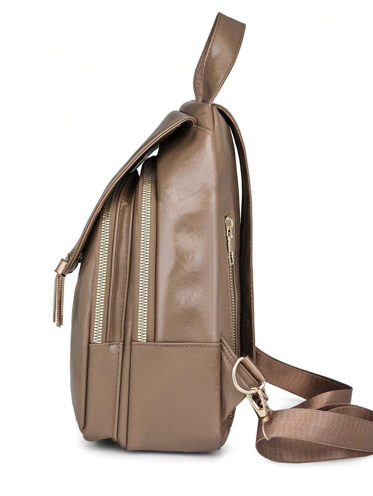 Women's Glossy Leather Backpack With Metal Tassel Decoration Large Capacity Student Schoolbag Fashion Commuter Bag Travel Shopping Casual