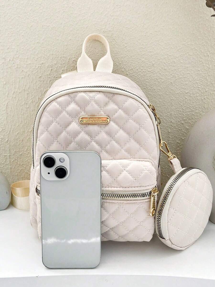 Women's Quilted Backpack With Coin Wallet Small Casual Nylon Daypack Campus Bookbag College Junior High Students Lightweight Travel Bag