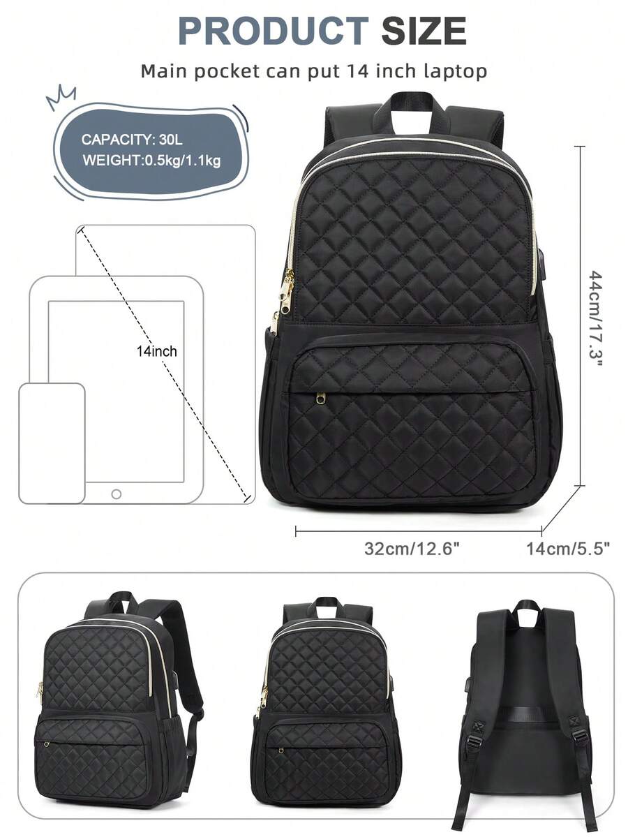 Women's Floless Quilted Laptop Backpack 14 15.6 Inch School Bag With USB Charging Port Fashion Work Travel Daypack Waterproof Casual