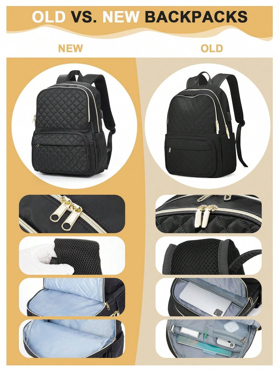 Women's Floless Quilted Laptop Backpack 14 15.6 Inch School Bag With USB Charging Port Fashion Work Travel Daypack Waterproof Casual
