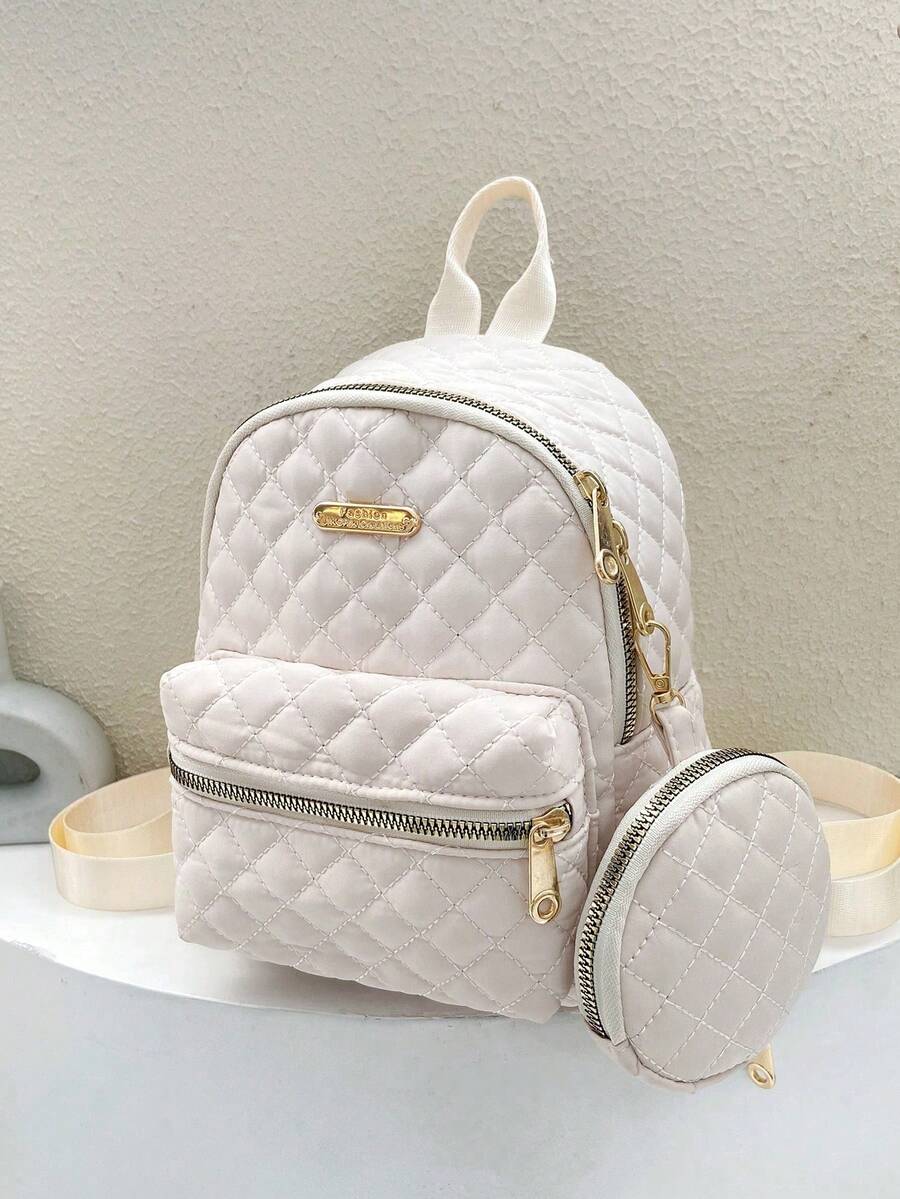 Women's Quilted Backpack With Coin Wallet Small Casual Nylon Daypack Campus Bookbag College Junior High Students Lightweight Travel Bag