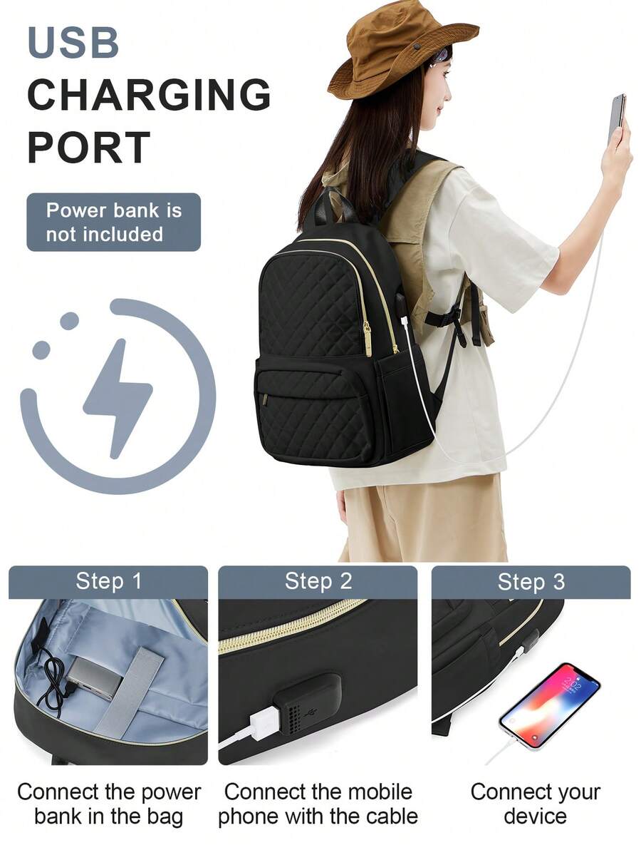Women's Floless Quilted Laptop Backpack 14 15.6 Inch School Bag With USB Charging Port Fashion Work Travel Daypack Waterproof Casual