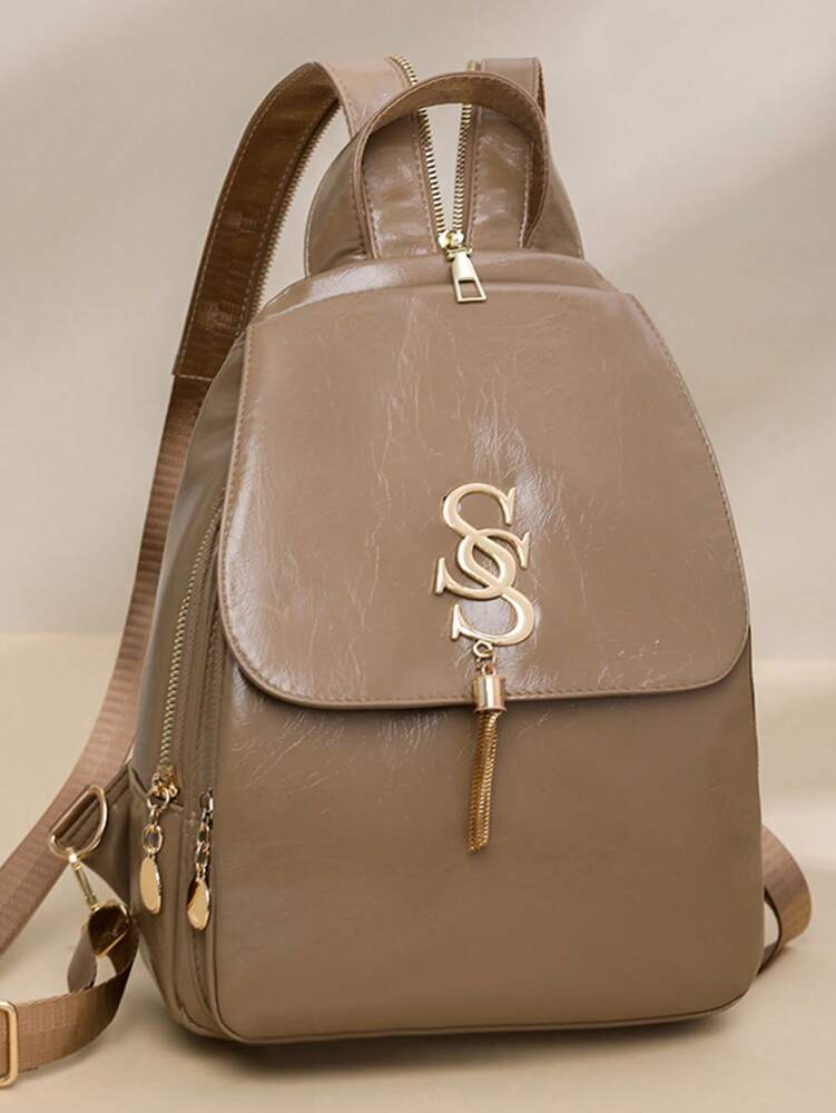 Women's Glossy Leather Backpack With Metal Tassel Decoration Large Capacity Student Schoolbag Fashion Commuter Bag Travel Shopping Casual