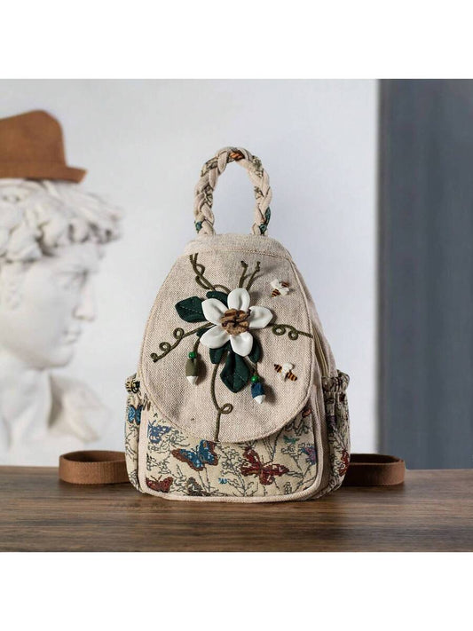 Handmade Bohemian Floral Backpack Crossbody Bag Dual Purpose Casual Daypack With Multiple Compartments Vintage Travel Shoulder Bag