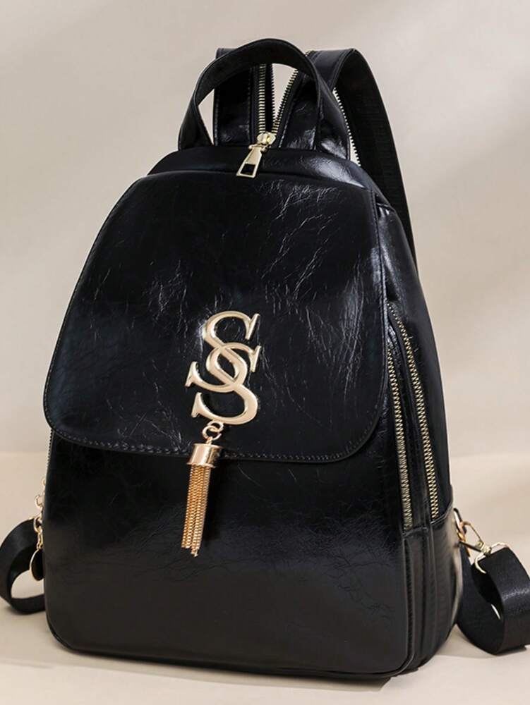 Women's Glossy Leather Backpack With Metal Tassel Decoration Large Capacity Student Schoolbag Fashion Commuter Bag Travel Shopping Casual