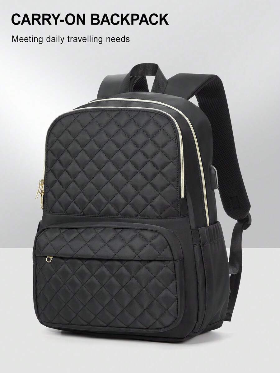 Women's Floless Quilted Laptop Backpack 14 15.6 Inch School Bag With USB Charging Port Fashion Work Travel Daypack Waterproof Casual