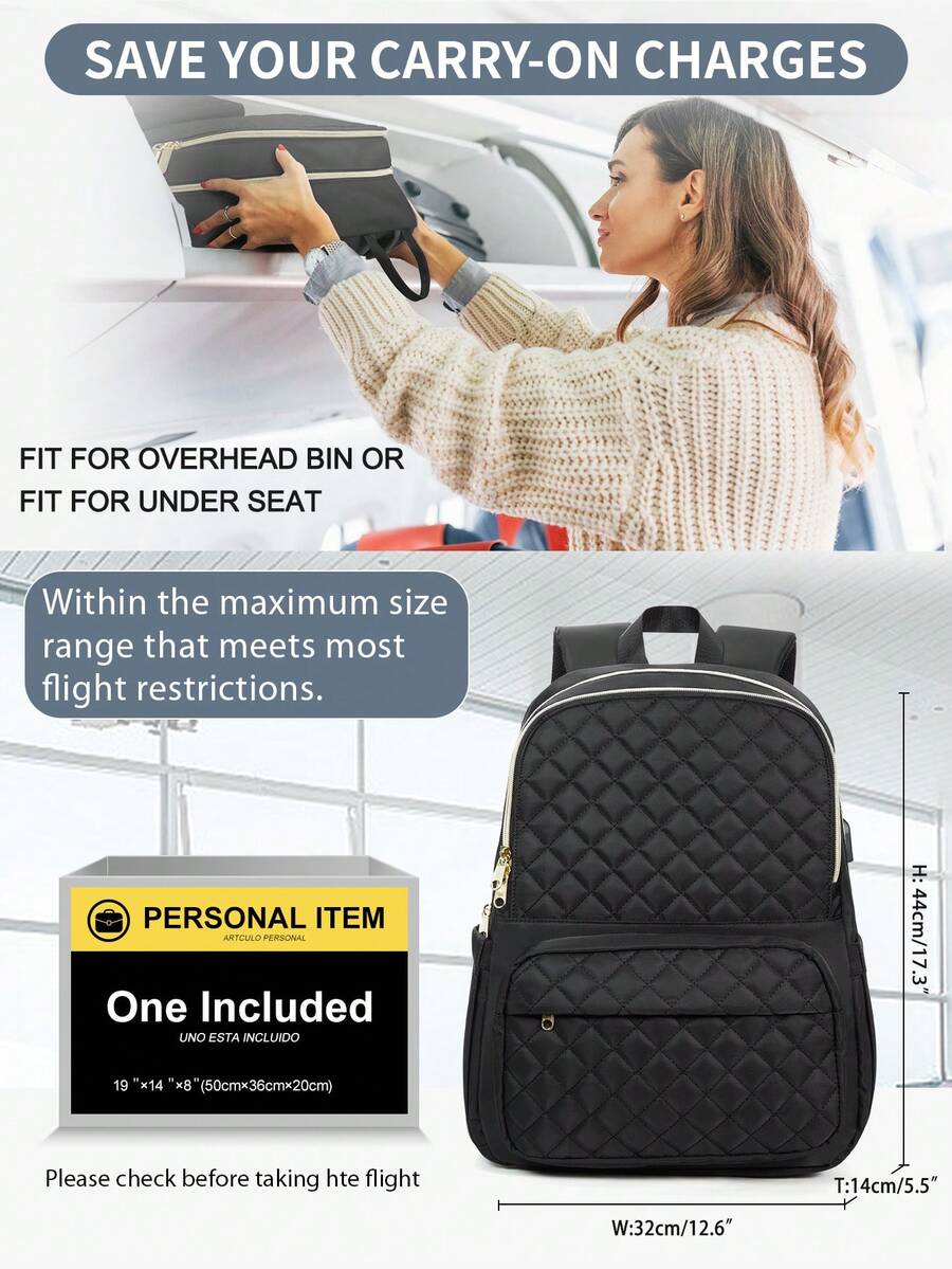 Women's Floless Quilted Laptop Backpack 14 15.6 Inch School Bag With USB Charging Port Fashion Work Travel Daypack Waterproof Casual