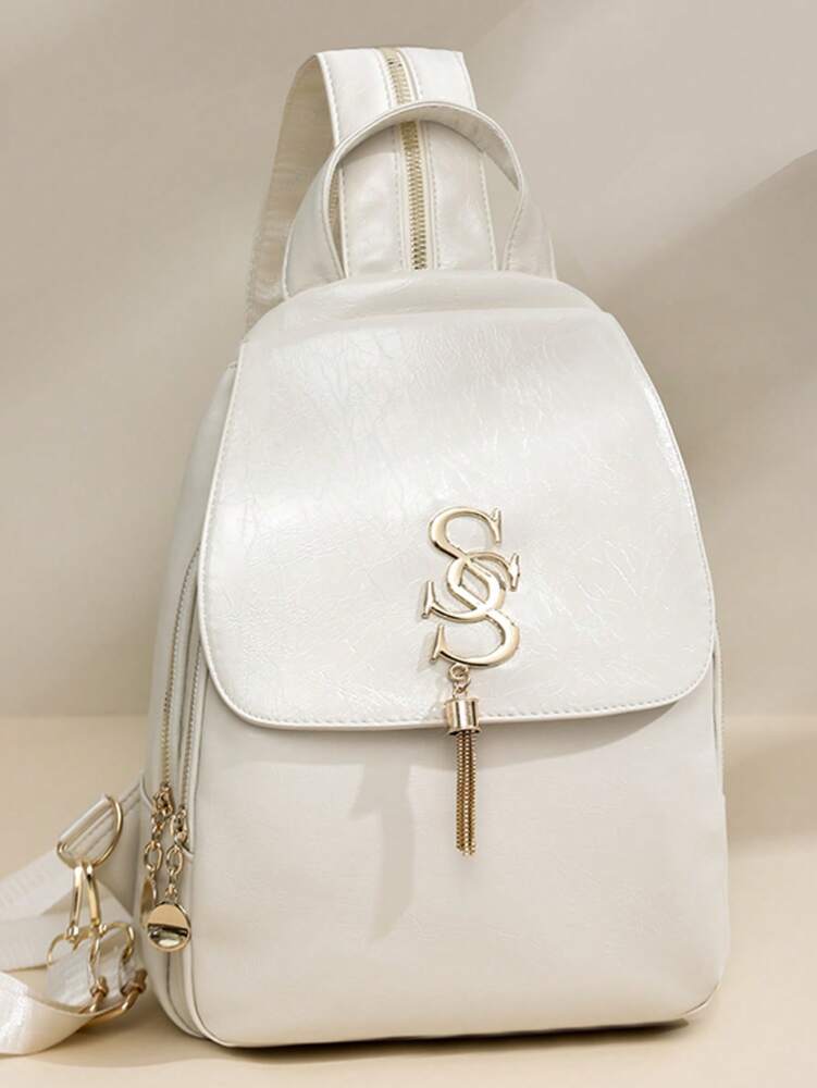 Women's Glossy Leather Backpack With Metal Tassel Decoration Large Capacity Student Schoolbag Fashion Commuter Bag Travel Shopping Casual