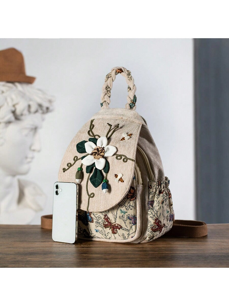 Handmade Bohemian Floral Backpack Crossbody Bag Dual Purpose Casual Daypack With Multiple Compartments Vintage Travel Shoulder Bag
