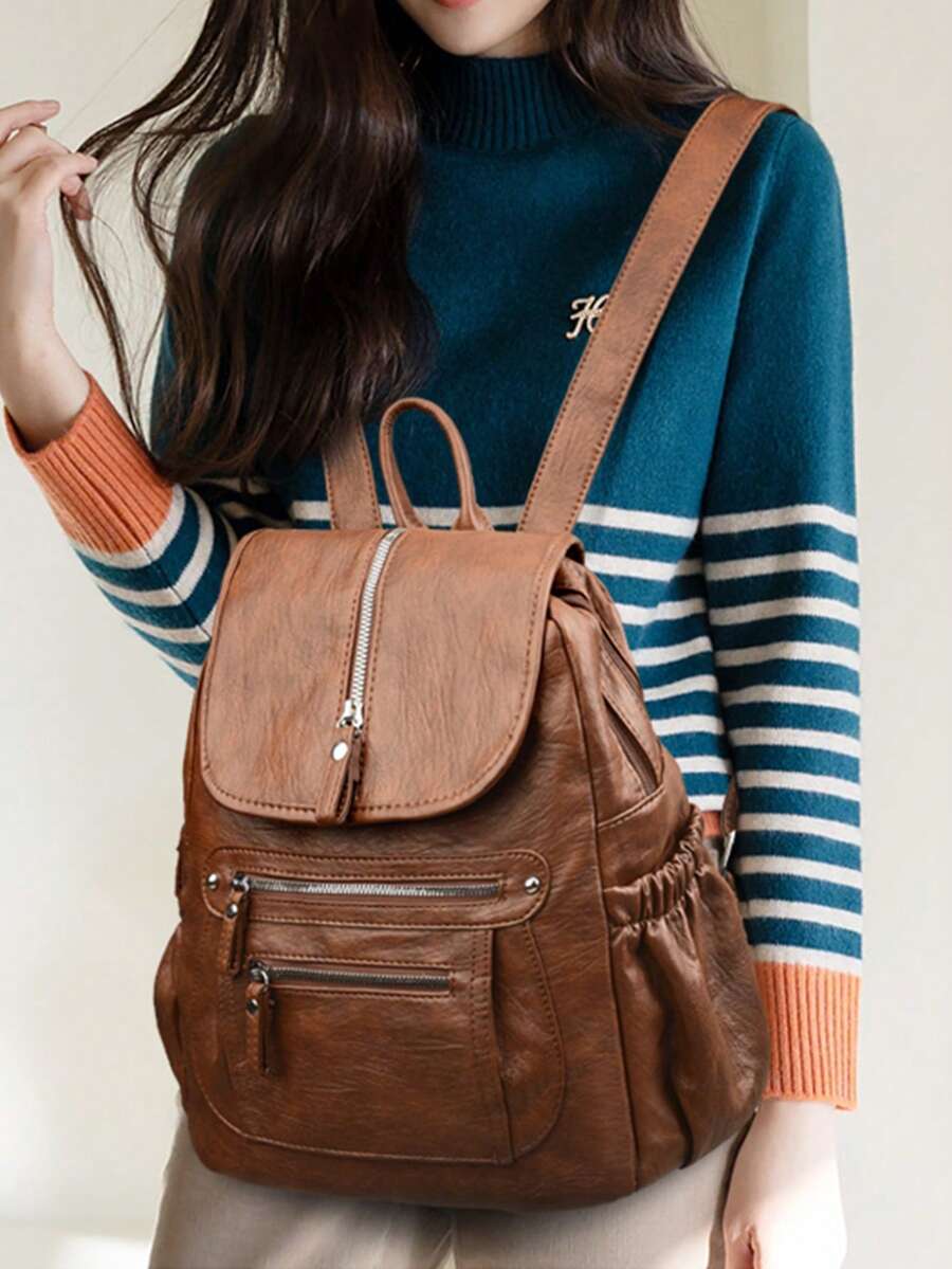 2025 Women Vintage Leather Backpack Soft Casual Shoulder Bag Large Capacity School Bag Mochila Ladies Travel Back Pack Fashion Purse