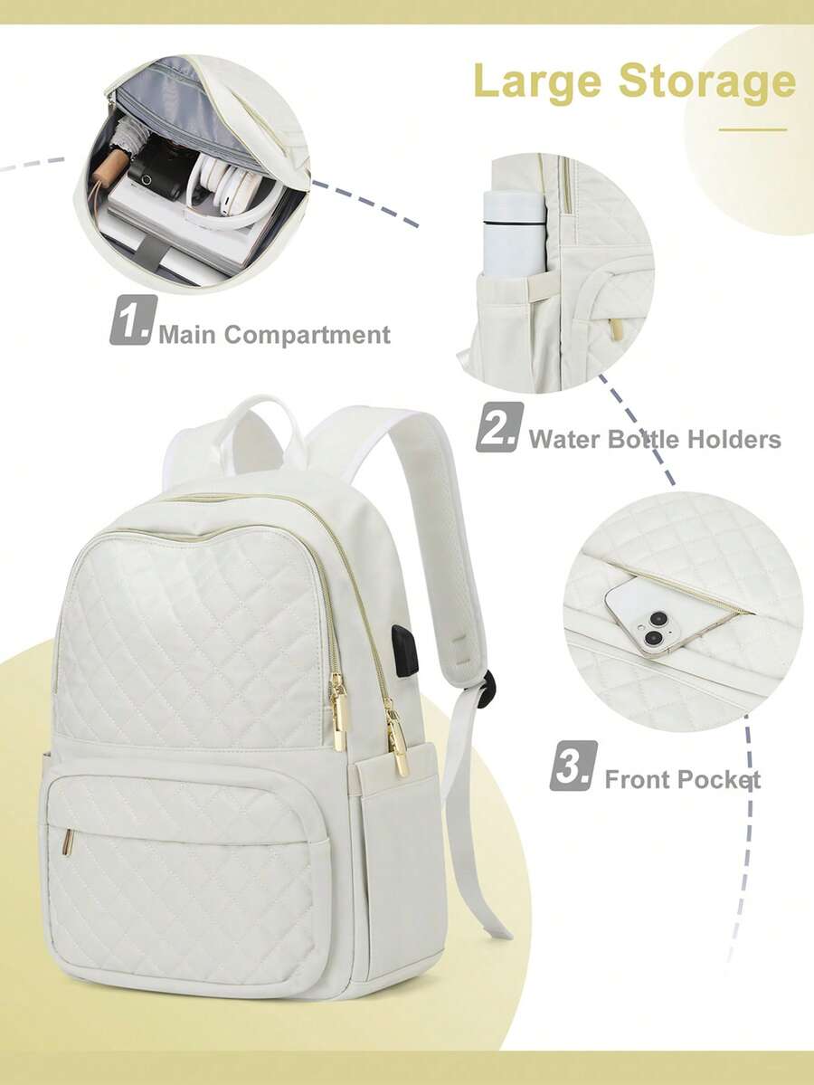 Women's Floless Quilted Laptop Backpack 14 15.6 Inch School Bag With USB Charging Port Fashion Work Travel Daypack Waterproof Casual