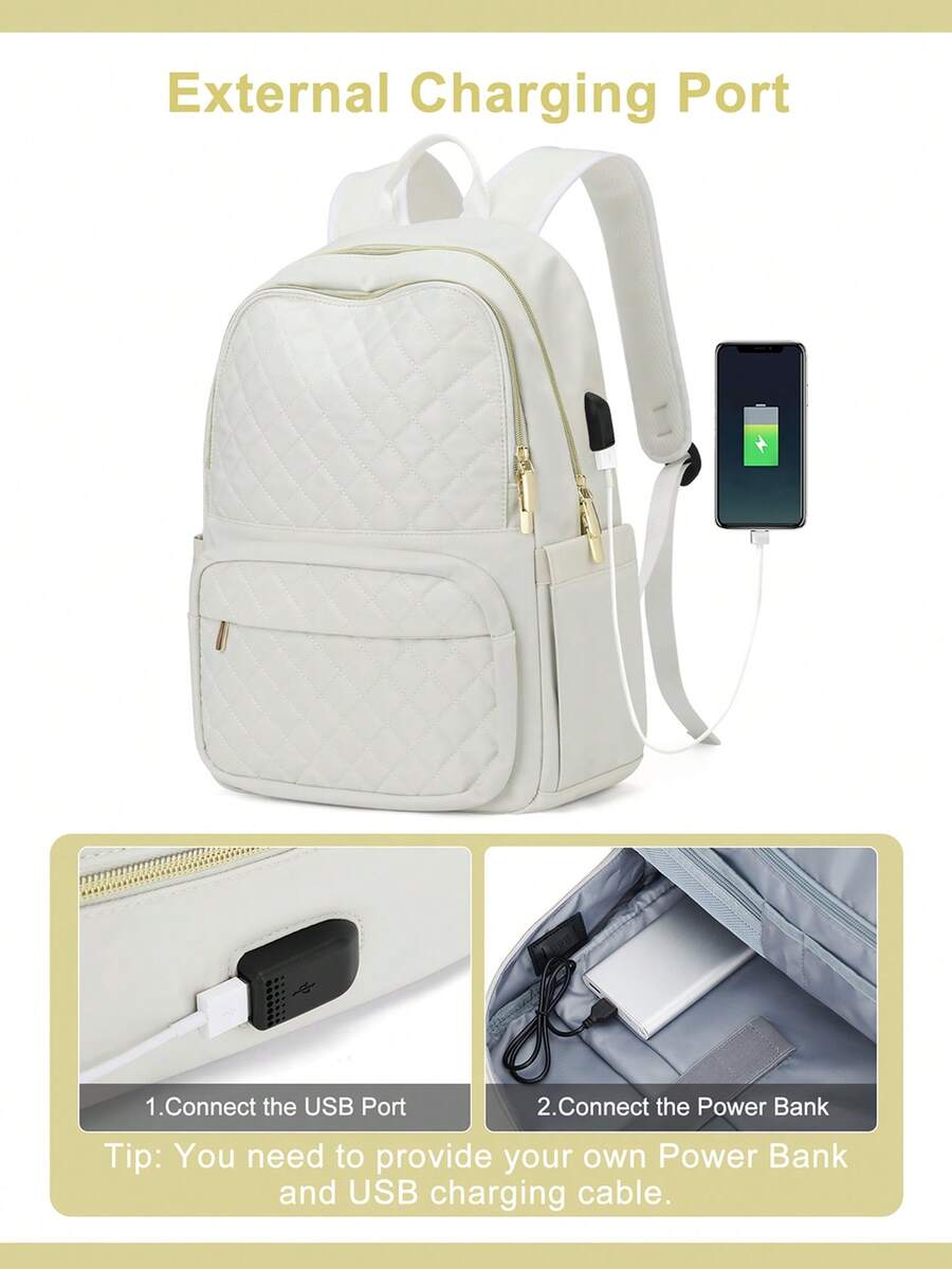 Women's Floless Quilted Laptop Backpack 14 15.6 Inch School Bag With USB Charging Port Fashion Work Travel Daypack Waterproof Casual