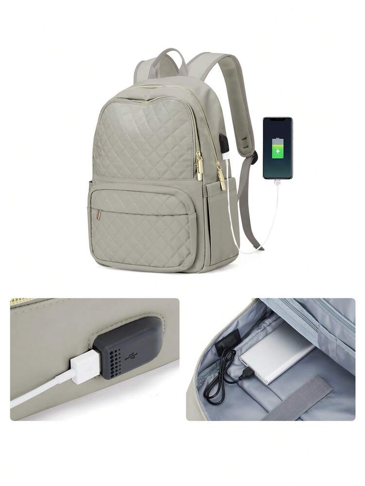 Women's Floless Quilted Laptop Backpack 14 15.6 Inch School Bag With USB Charging Port Fashion Work Travel Daypack Waterproof Casual