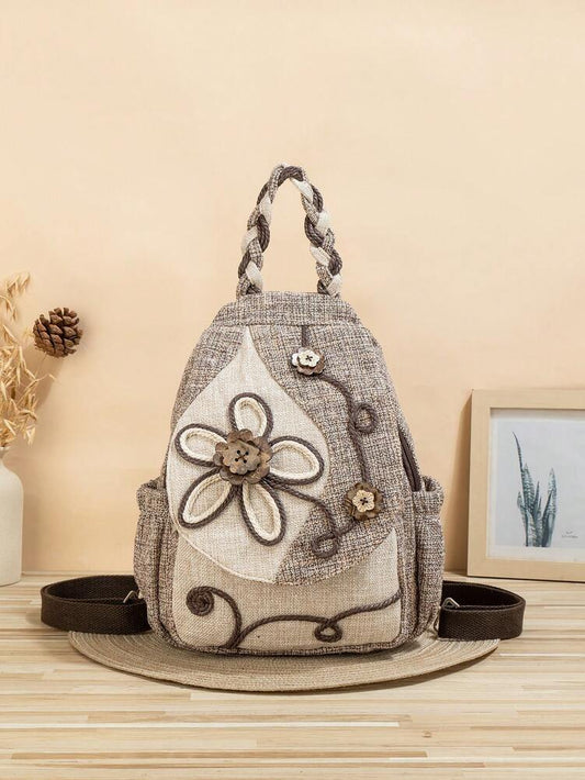 Handmade Bohemian Floral Backpack Crossbody Bag Dual Purpose Casual Daypack With Multiple Compartments Vintage Travel Shoulder Bag