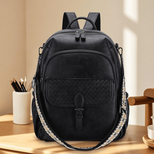 VASCHY Fashion PU Leather Convertible Backpack Purse For Women Casual Travel College Y2K Style Printed Floral Trendy School Bag Blue
