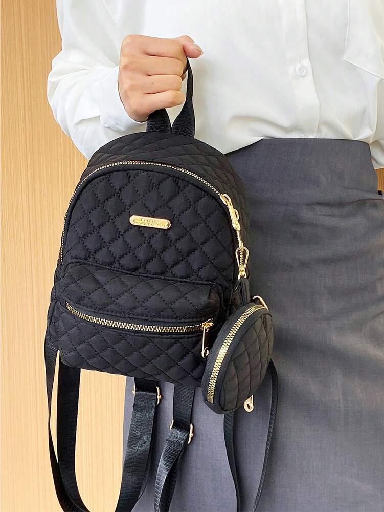 Women's Quilted Backpack With Coin Wallet Small Casual Nylon Daypack Campus Bookbag College Junior High Students Lightweight Travel Bag