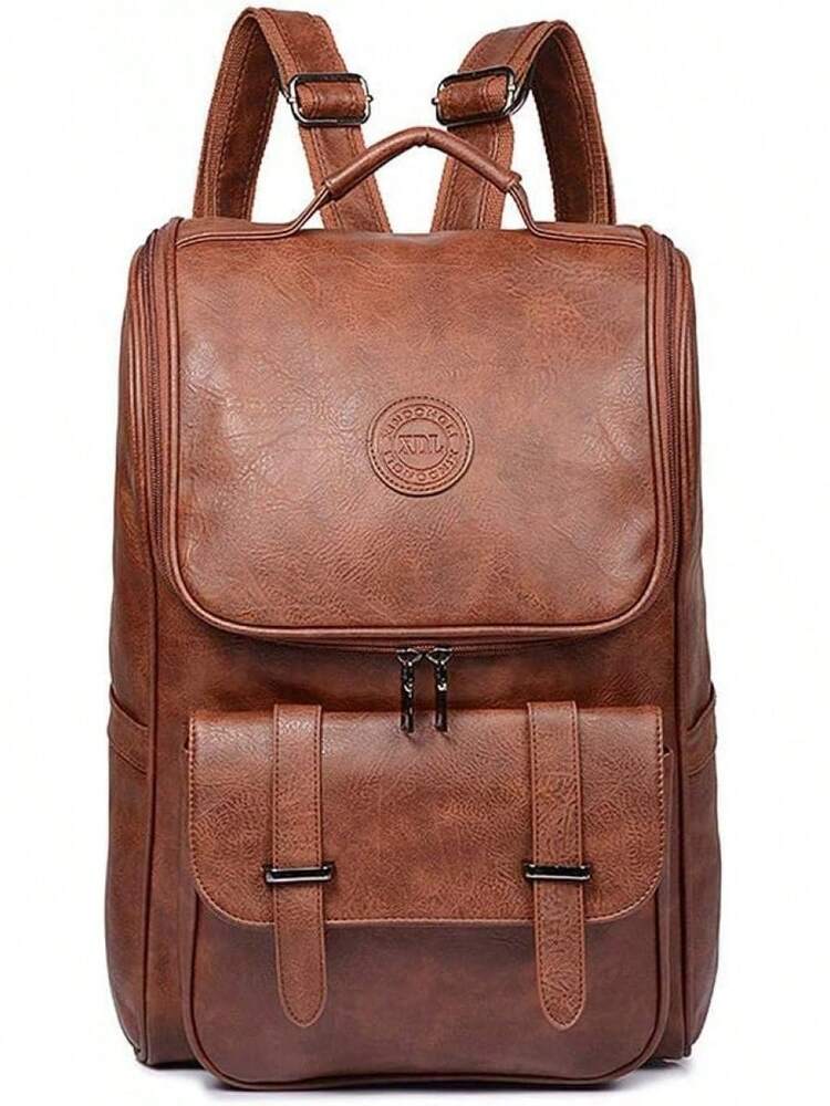 Vegan Leather Slim Vintage Laptop Backpack Men Women Brown Travel Bag College School Daypack Casual Resistant Commuter Bookbag
