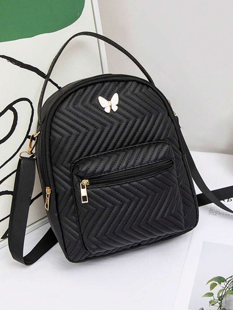 Mini Quilted Butterfly Backpack With Front Zipper Pocket Cute Small School Bag Perfect For Girls Students Shopping Commuting Back To School