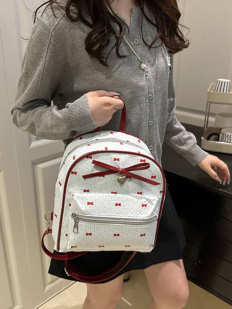 Women's Bow Pattern Nylon Backpack Sweet Lady Style Versatile Multi Purpose Daypack Casual Travel Shopping Minimalist Lightweight Bag