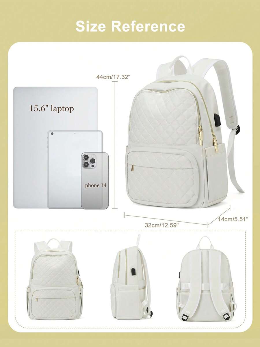 Women's Floless Quilted Laptop Backpack 14 15.6 Inch School Bag With USB Charging Port Fashion Work Travel Daypack Waterproof Casual
