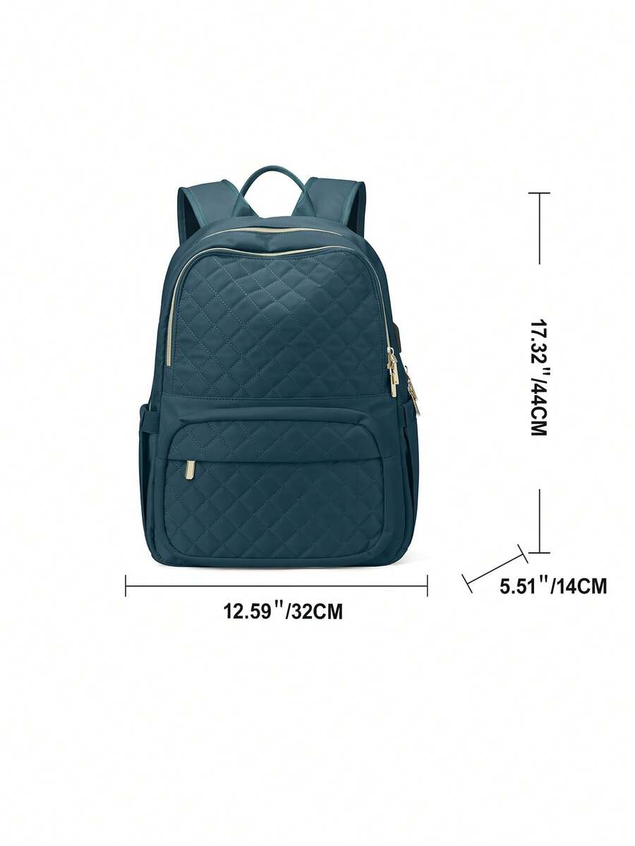 Women's Floless Quilted Laptop Backpack 14 15.6 Inch School Bag With USB Charging Port Fashion Work Travel Daypack Waterproof Casual