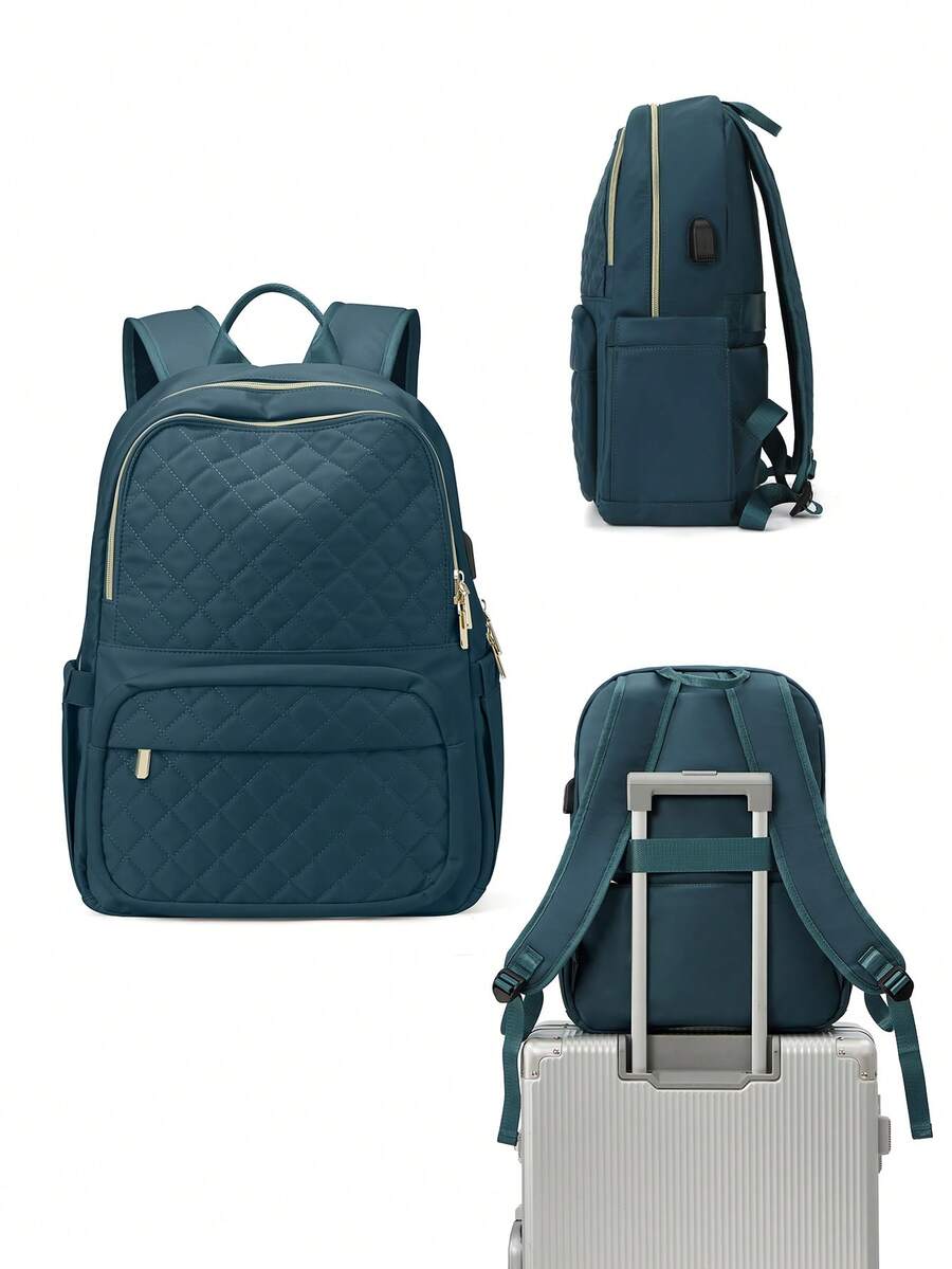 Women's Floless Quilted Laptop Backpack 14 15.6 Inch School Bag With USB Charging Port Fashion Work Travel Daypack Waterproof Casual