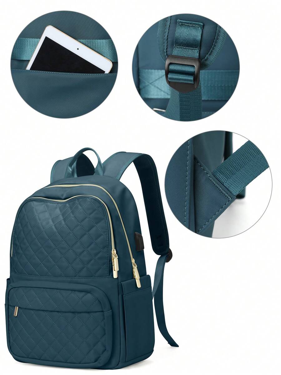 Women's Floless Quilted Laptop Backpack 14 15.6 Inch School Bag With USB Charging Port Fashion Work Travel Daypack Waterproof Casual