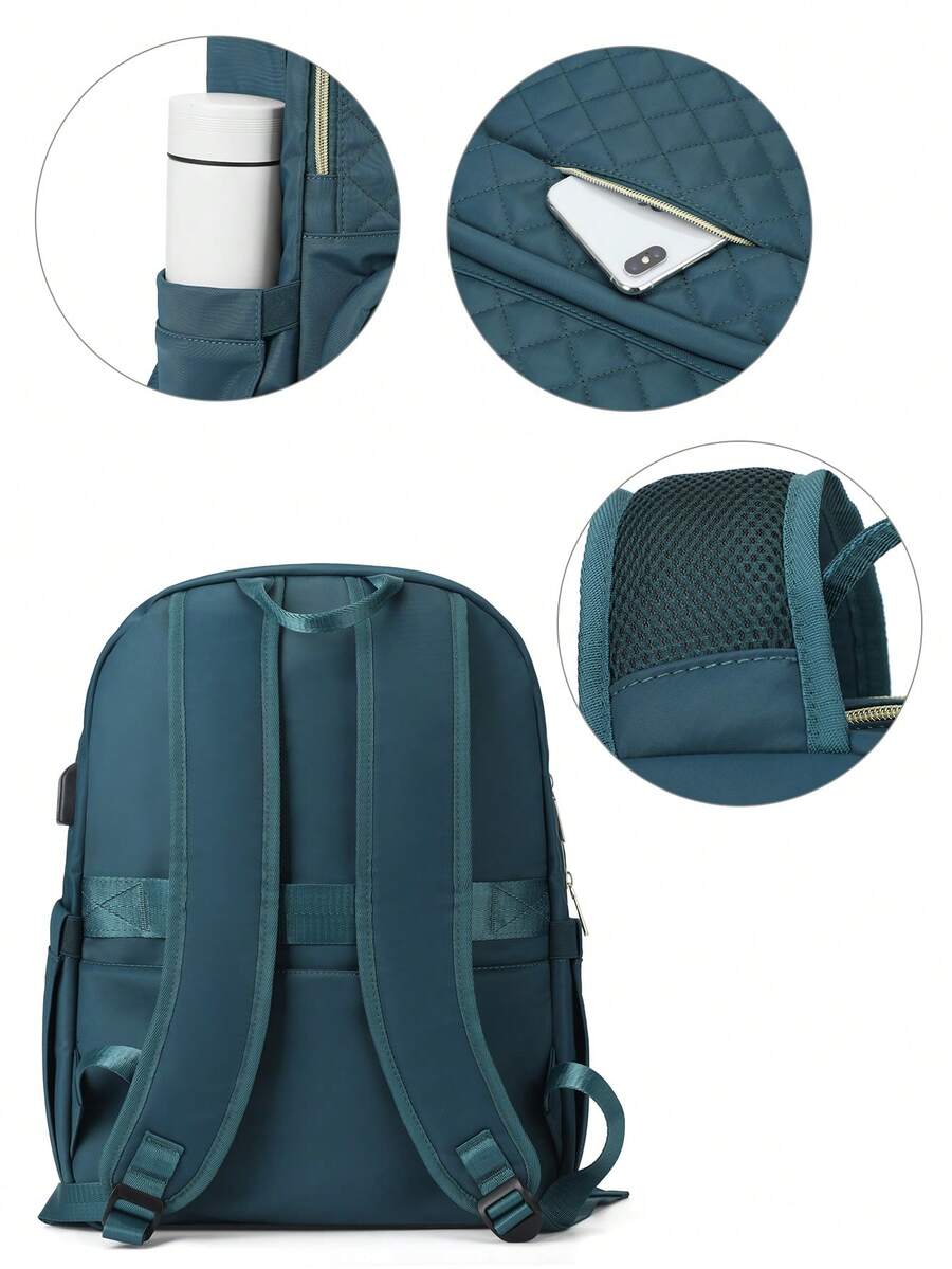 Women's Floless Quilted Laptop Backpack 14 15.6 Inch School Bag With USB Charging Port Fashion Work Travel Daypack Waterproof Casual