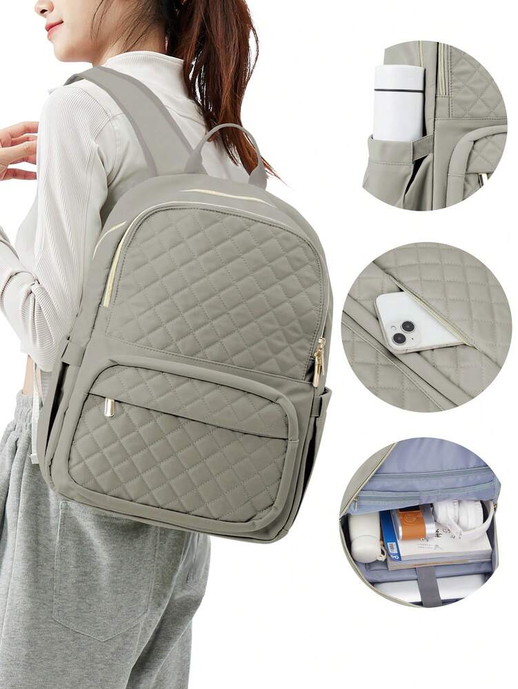 Women's Floless Quilted Laptop Backpack 14 15.6 Inch School Bag With USB Charging Port Fashion Work Travel Daypack Waterproof Casual
