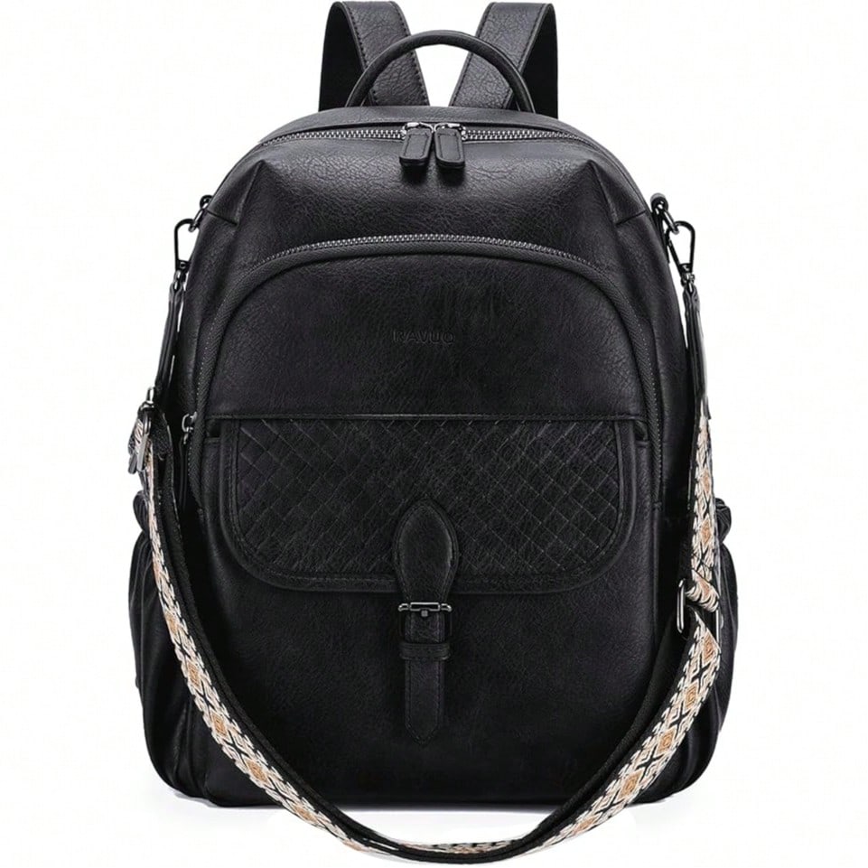 VASCHY Fashion PU Leather Convertible Backpack Purse For Women Casual Travel College Y2K Style Printed Floral Trendy School Bag Blue
