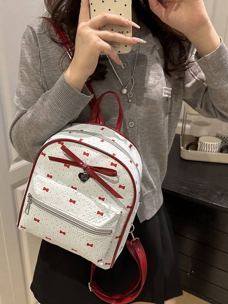Women's Bow Pattern Nylon Backpack Sweet Lady Style Versatile Multi Purpose Daypack Casual Travel Shopping Minimalist Lightweight Bag