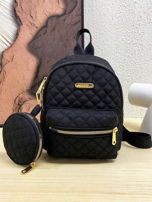 Women's Quilted Backpack With Coin Wallet Small Casual Nylon Daypack Campus Bookbag College Junior High Students Lightweight Travel Bag