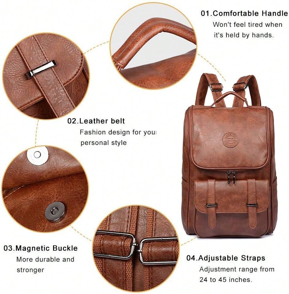 Vegan Leather Slim Vintage Laptop Backpack Men Women Brown Travel Bag College School Daypack Casual Resistant Commuter Bookbag