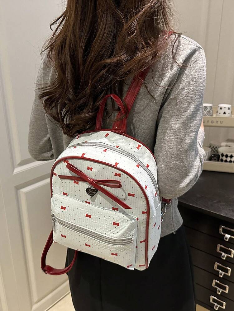 Women's Bow Pattern Nylon Backpack Sweet Lady Style Versatile Multi Purpose Daypack Casual Travel Shopping Minimalist Lightweight Bag