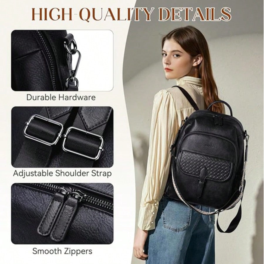 VASCHY Fashion PU Leather Convertible Backpack Purse For Women Casual Travel College Y2K Style Printed Floral Trendy School Bag Blue