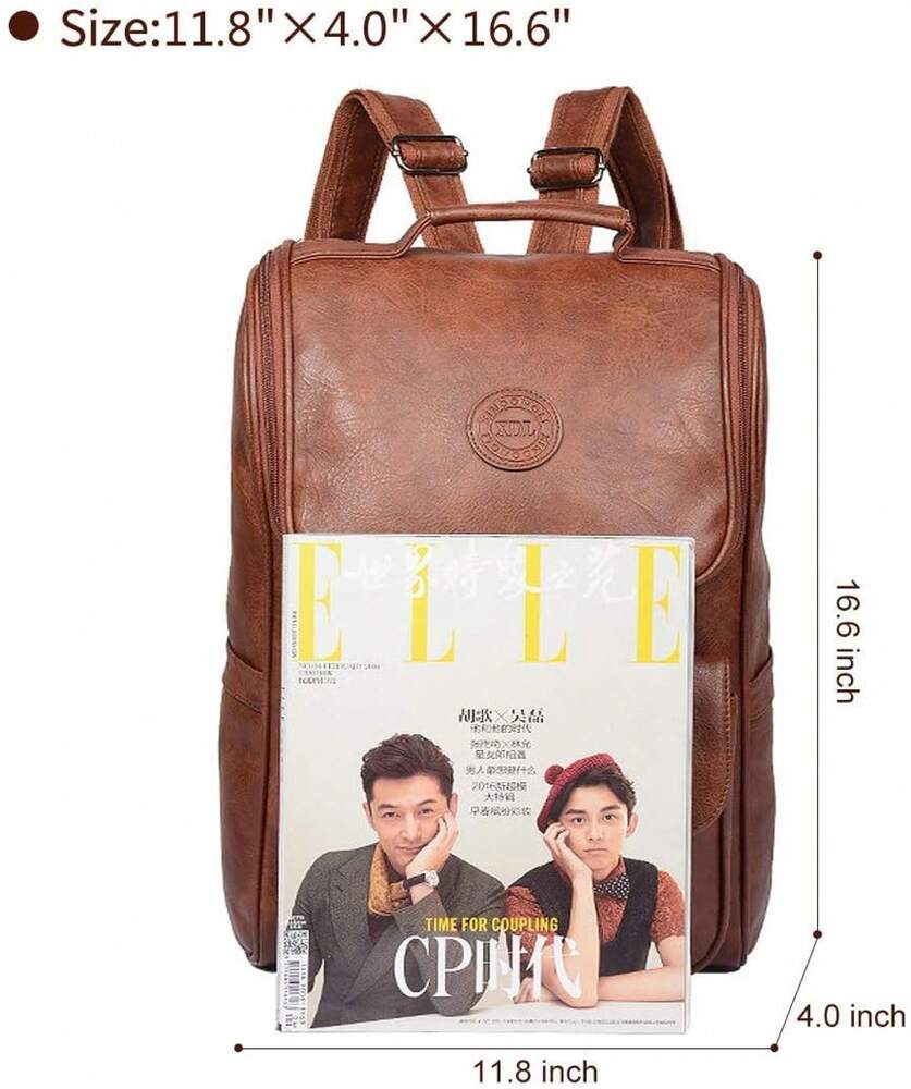 Vegan Leather Slim Vintage Laptop Backpack Men Women Brown Travel Bag College School Daypack Casual Resistant Commuter Bookbag