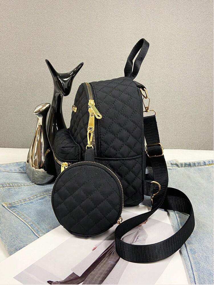 Women's Quilted Backpack With Coin Wallet Small Casual Nylon Daypack Campus Bookbag College Junior High Students Lightweight Travel Bag